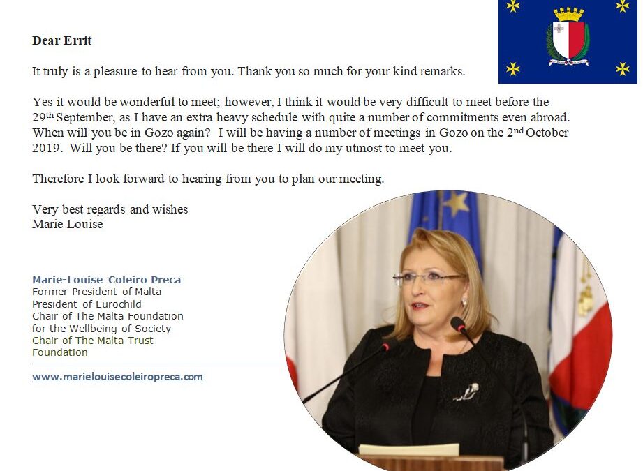 How I almost met Her Excellency, Mrs Marie-Louise Coleiro Preca, a former president of Malta